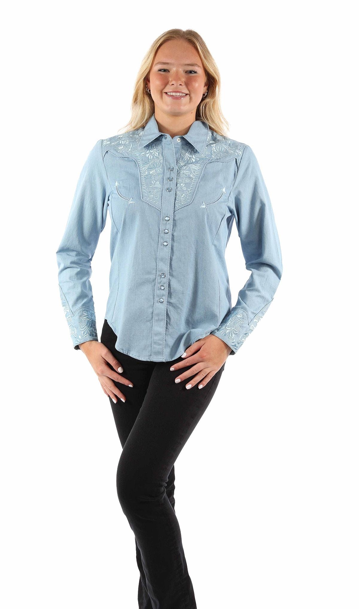 western scully light blue 35% rayon 65% polyester floral tooled emb. blouse