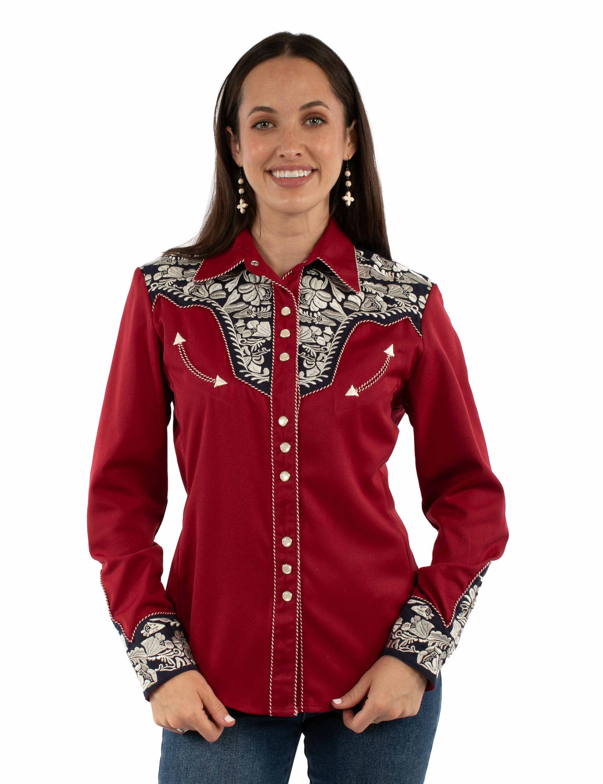 Western Scully Red White & Blue Floral Tooled Embroidered Blouse