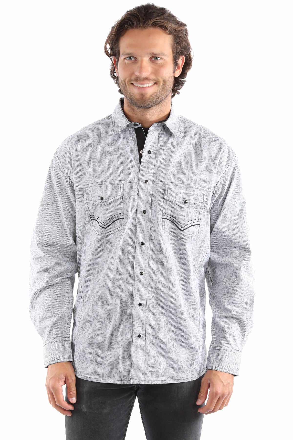 western scully grey 100% cotton stripe print signature shirt