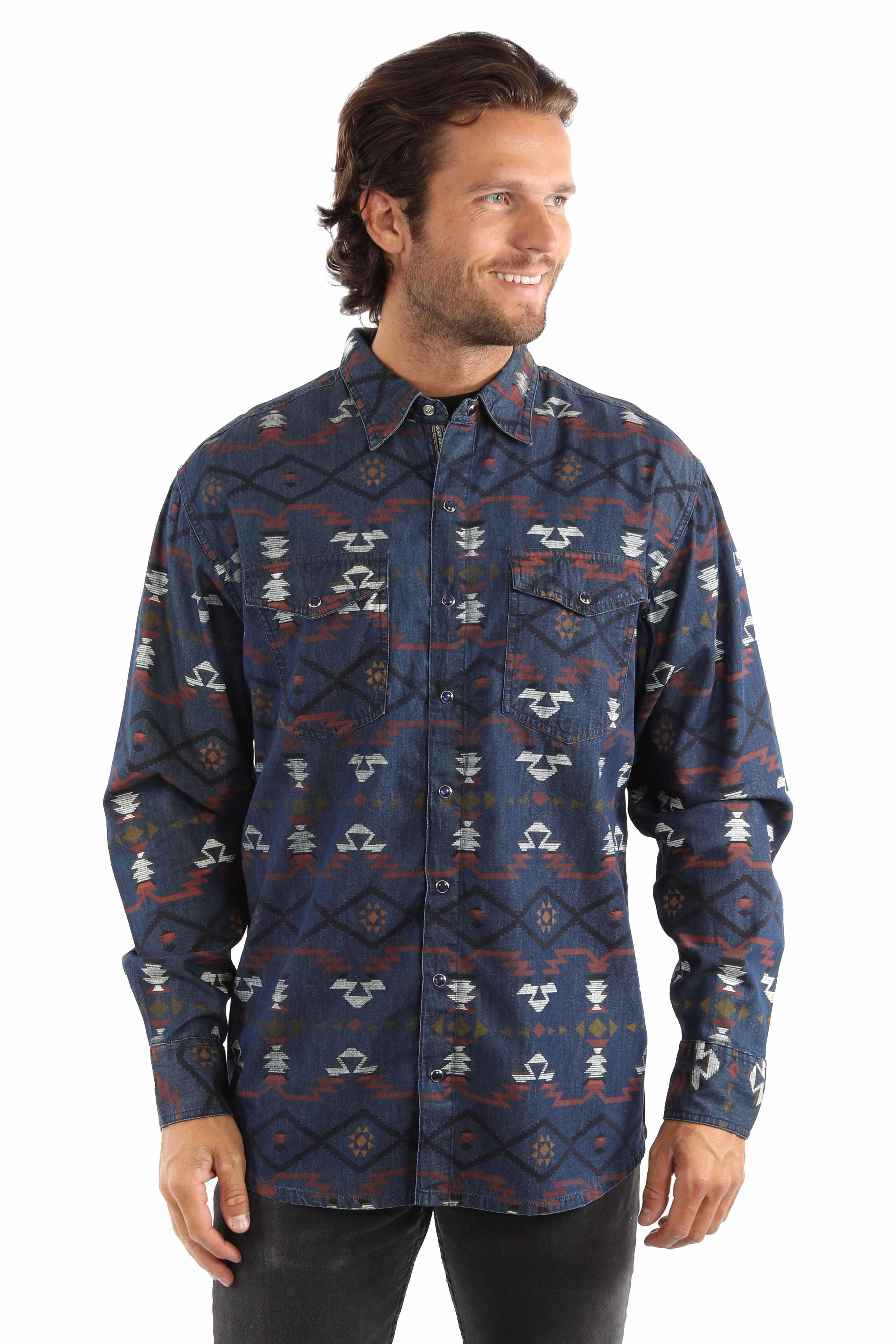 western scully blue 100% cotton southwest printed signature shirt