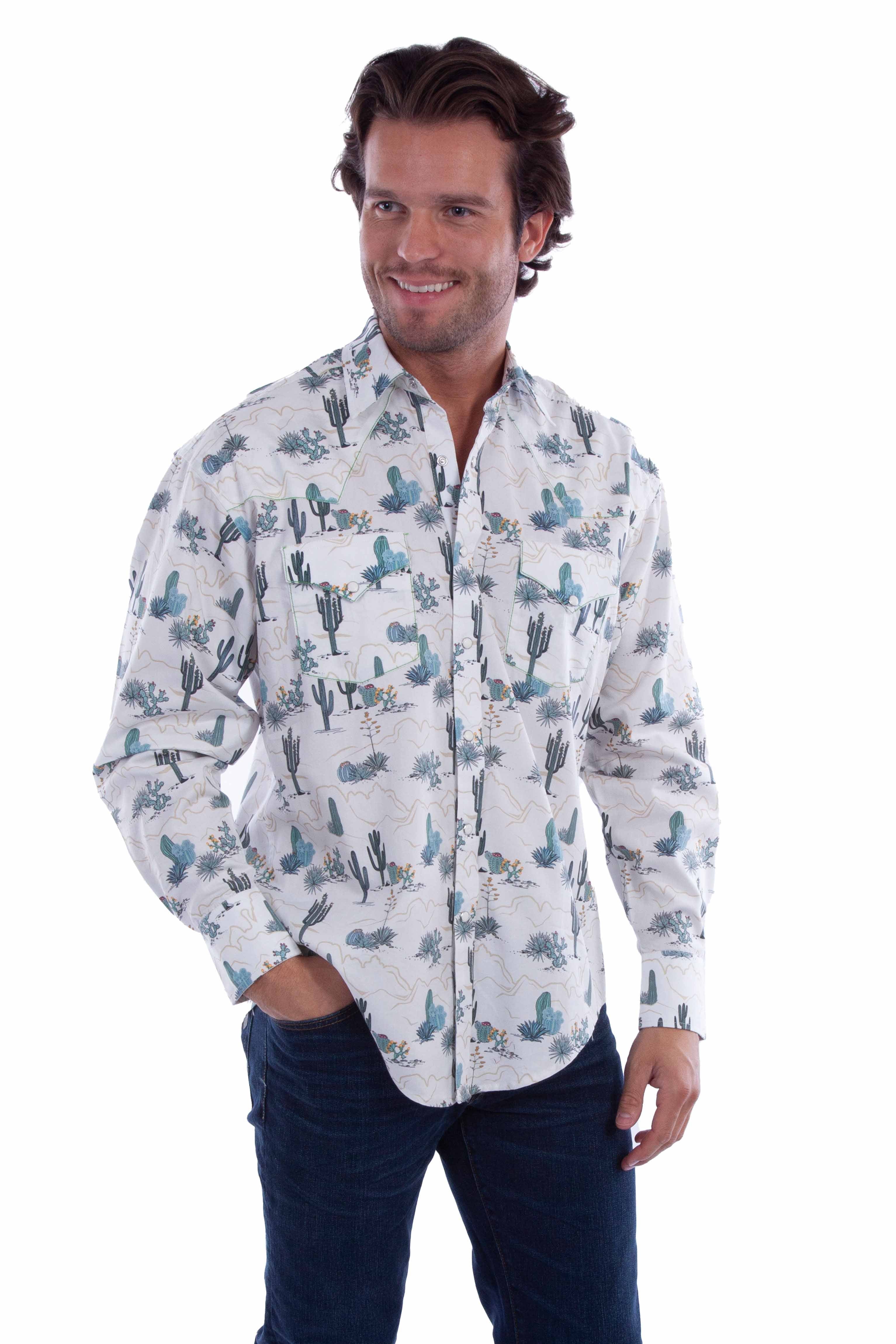 Scully Leather White Cactus Print Shirt Ps-357