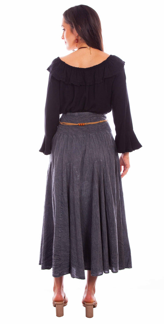 Cantina charcoal acid wash skirt w/beaded cord belt - Scully Leather