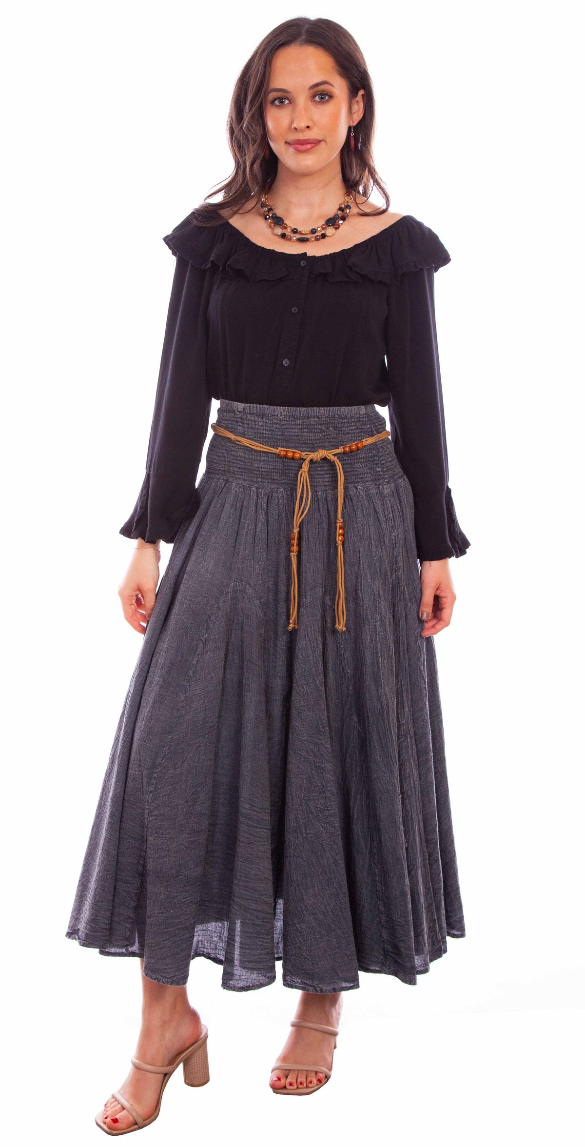 Cantina charcoal acid wash skirt w/beaded cord belt