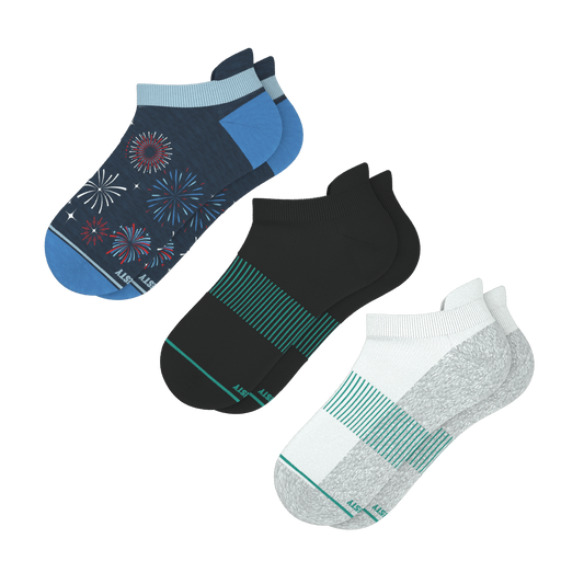 Solid and Pattern Mix Pack | Firework and Solids Heel Hammock™ Ankle Socks 3 Pack