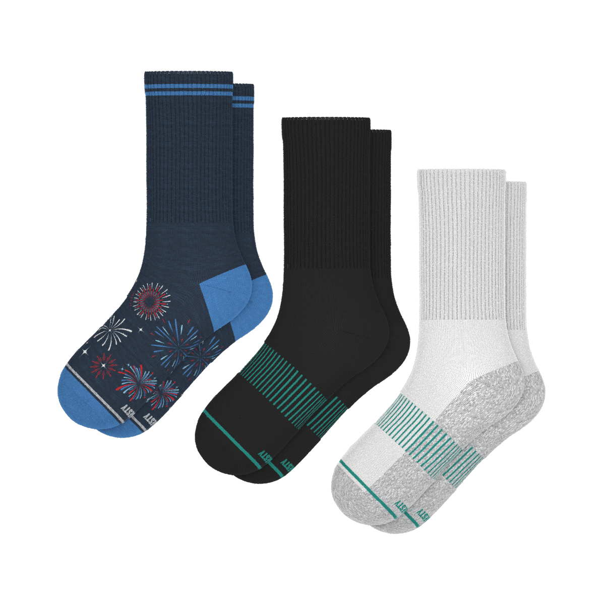 Solid and Pattern Mix Pack | Firework and Solids Heel Hammock™ Crew Socks 3 Pack