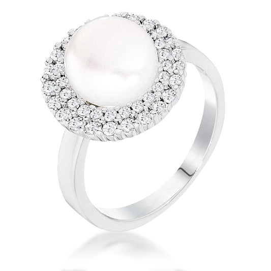 Rhodium Plated Double Halo Ethereal Pearl Cocktail Ring - JGI