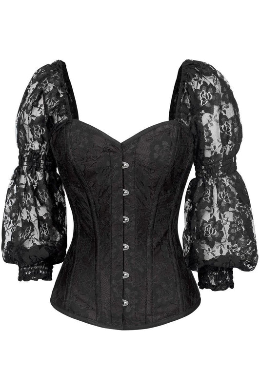 Daisy Corsets Top Drawer Black w/Black Lace Steel Boned Long Sleeve Corset - Daisy Corsets