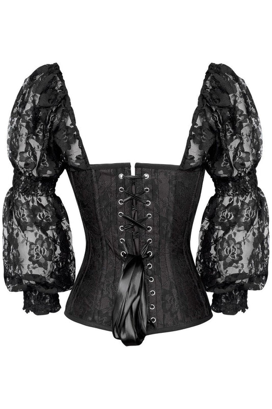 Daisy Corsets Top Drawer Black w/Black Lace Steel Boned Long Sleeve Corset - Daisy Corsets