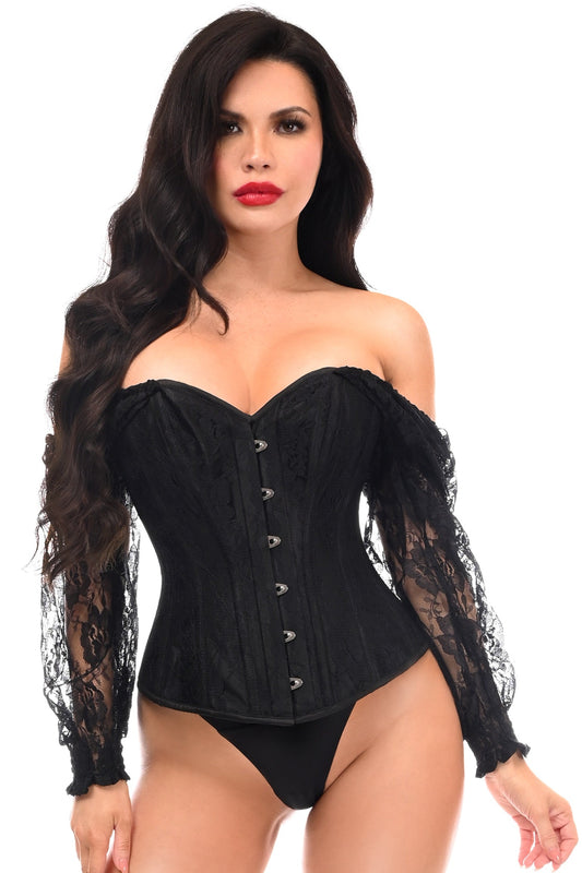 Daisy Corsets Top Drawer Black w/Black Lace Steel Boned Long Sleeve Corset - Daisy Corsets