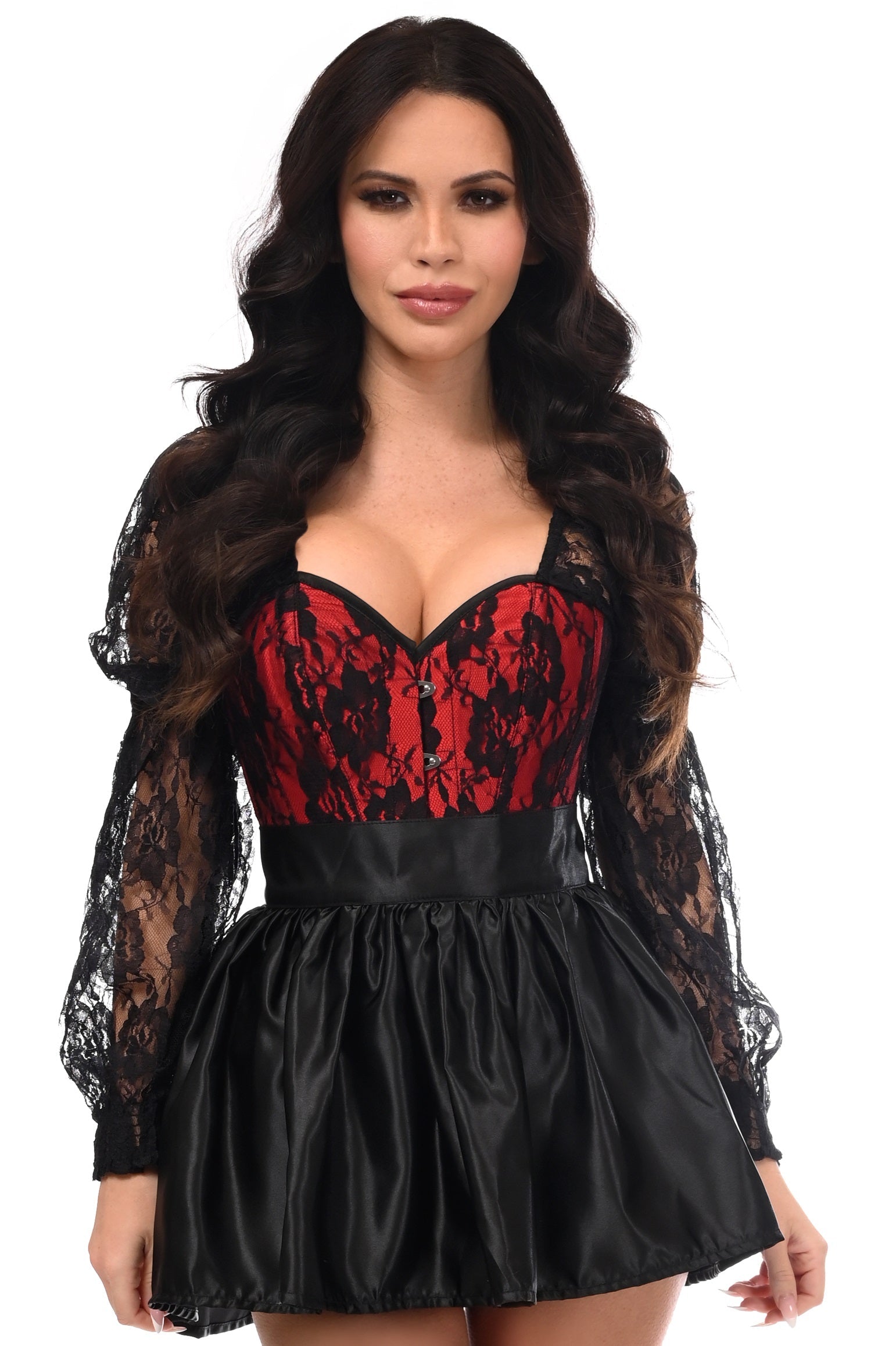 Daisy Corsets Top Drawer 2 PC Red/Black Lace Steel Boned Corset & Satin Skirt Set - Daisy Corsets