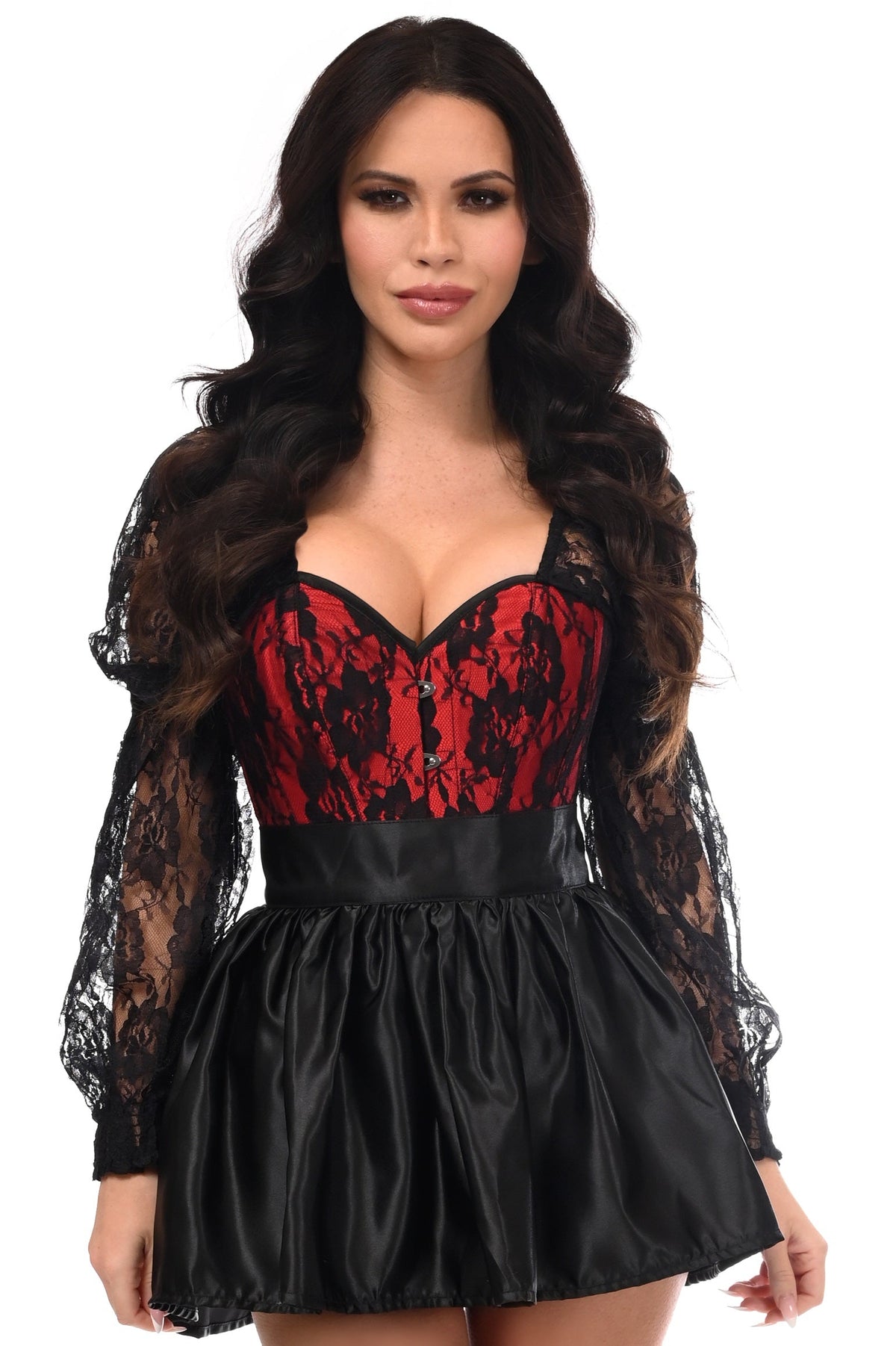 Daisy Corsets Top Drawer 2 PC Red/Black Lace Steel Boned Corset & Satin Skirt Set