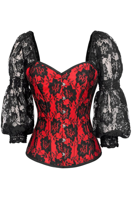 Daisy Corsets Top Drawer Red w/Black Lace Steel Boned Long Sleeve Corset