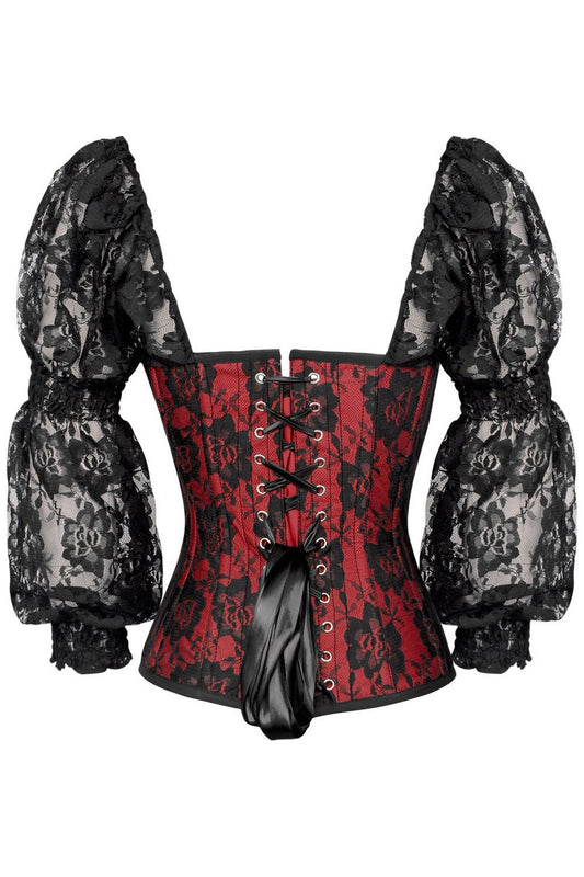 Daisy Corsets Top Drawer Red w/Black Lace Steel Boned Long Sleeve Corset