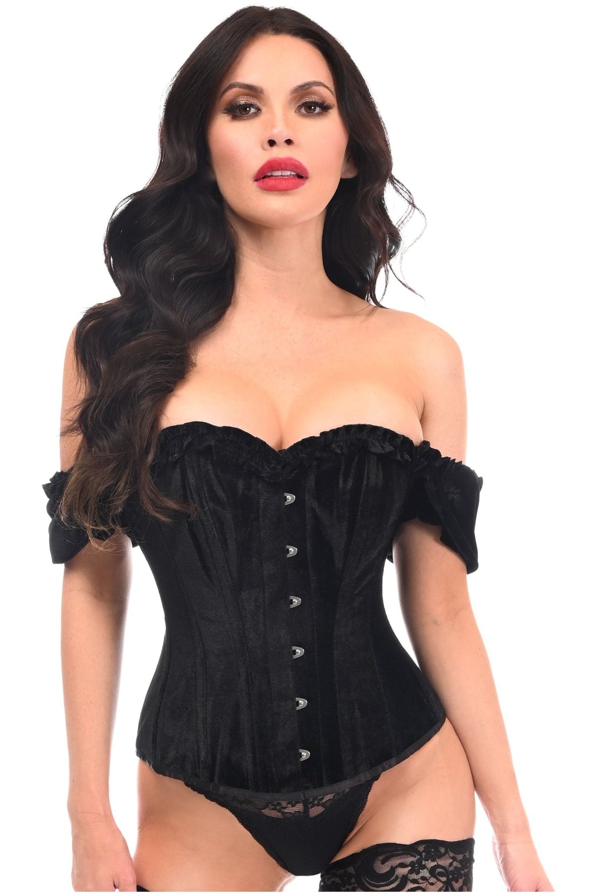 Daisy Corsets Top Drawer Steel Boned Black Velvet Overbust Corset w/Sleeves