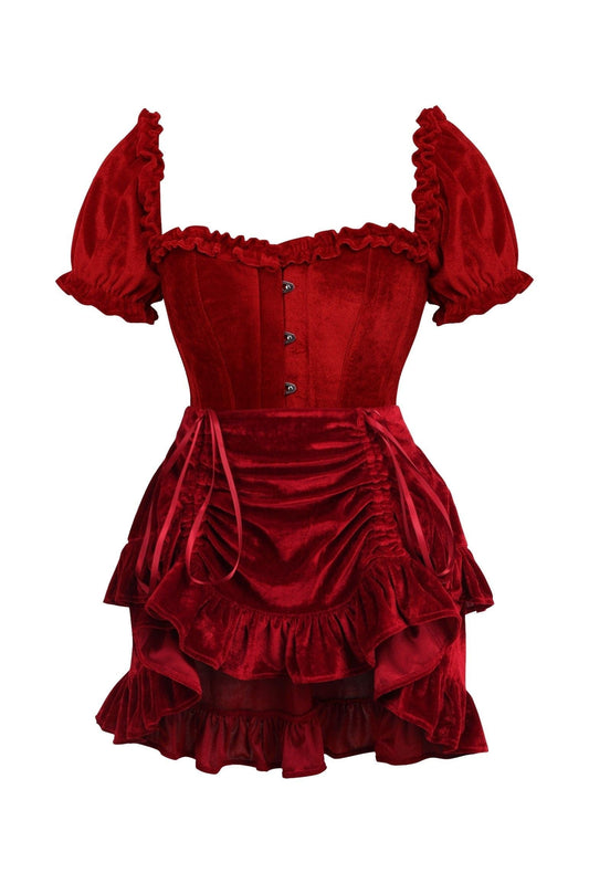 Daisy Corsets Top Drawer 2 PC Dark Red Velvet Steel Boned Corset w/sleeves & Skirt Set