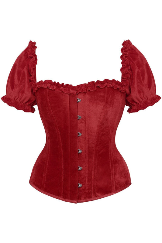 Daisy Corsets Top Drawer Steel Boned Dark Red Velvet Overbust Corset w/Sleeves