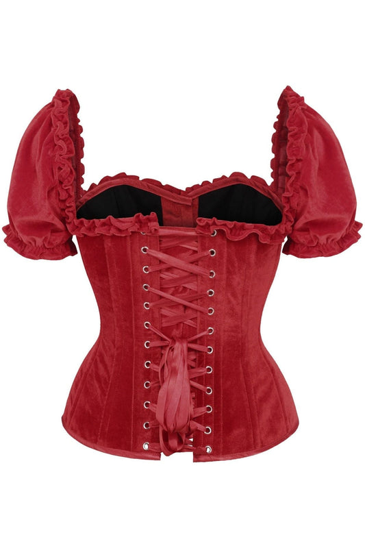 Daisy Corsets Top Drawer Steel Boned Dark Red Velvet Overbust Corset w/Sleeves