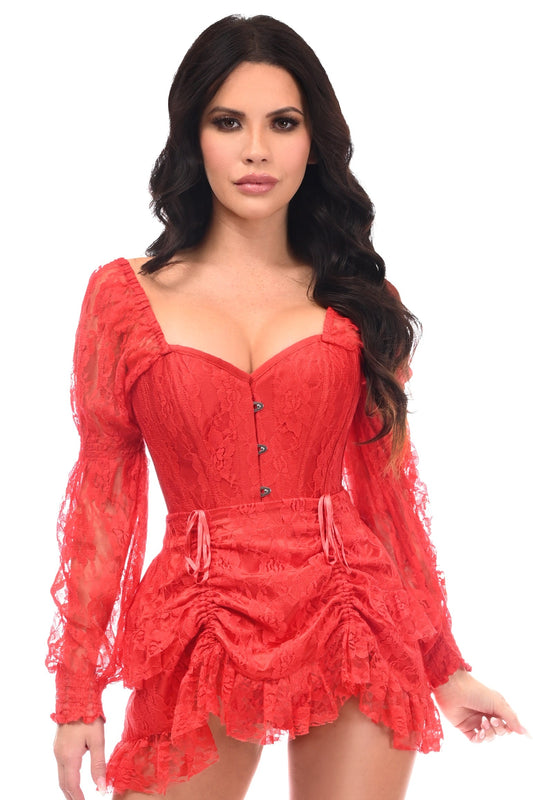 Daisy Corsets Top Drawer 2 PC Red Lace Steel Boned Corset & Skirt Set