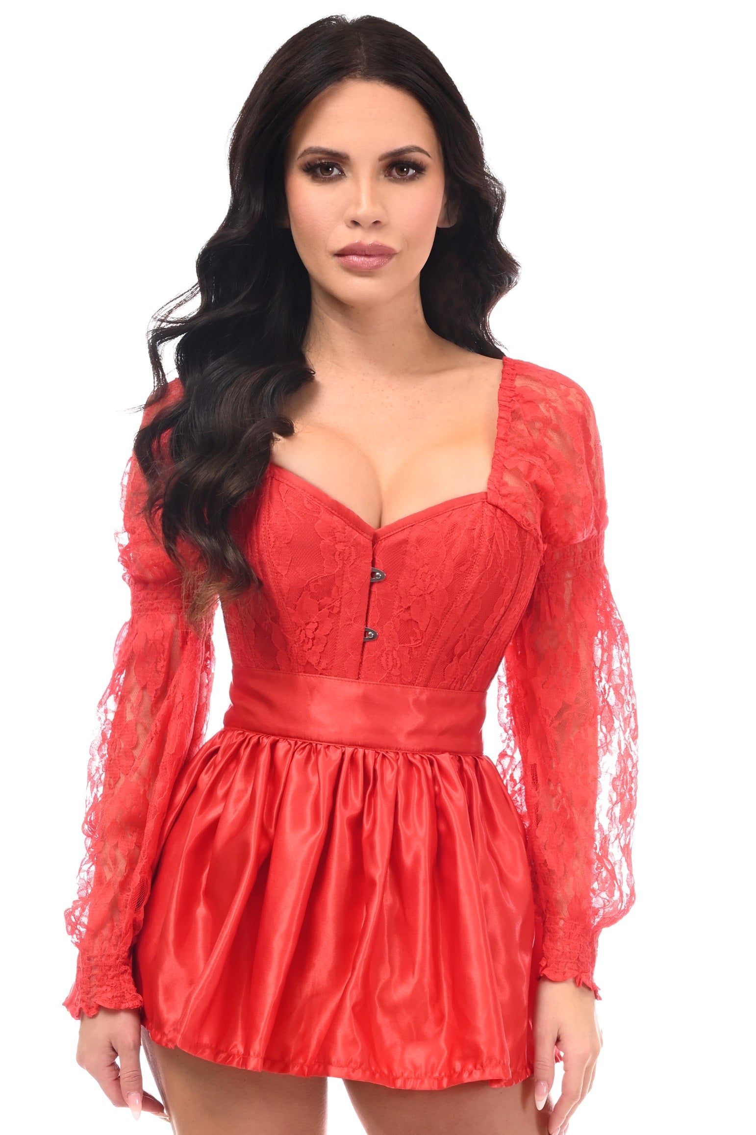 Daisy Corsets Top Drawer 2 PC Red Lace Steel Boned Corset & Satin Skirt Set - Daisy Corsets