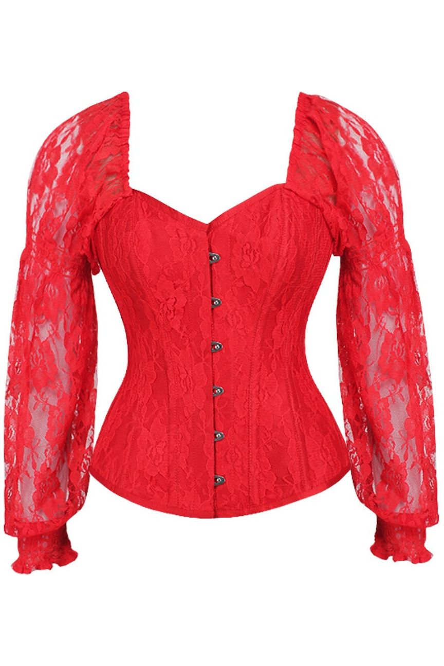 Daisy Corsets Top Drawer Red w/Red Lace Steel Boned Long Sleeve Corset