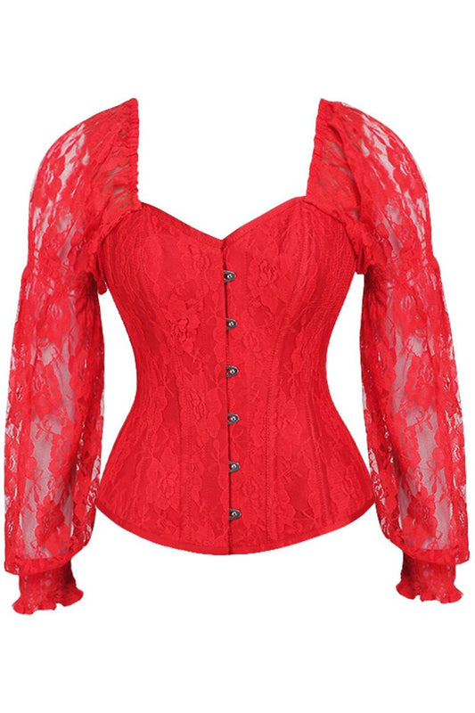 Daisy Corsets Top Drawer Red w/Red Lace Steel Boned Long Sleeve Corset - Daisy Corsets