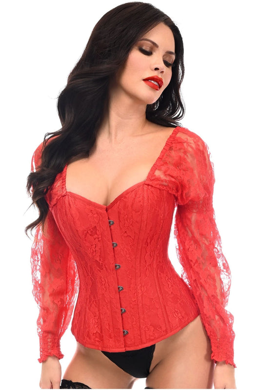 Daisy Corsets Top Drawer Red w/Red Lace Steel Boned Long Sleeve Corset