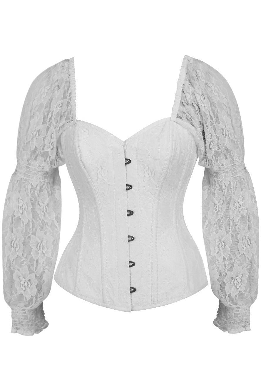 Daisy Corsets Top Drawer White w/White Lace Steel Boned Long Sleeve Corset