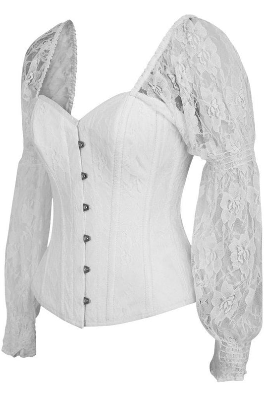 Daisy Corsets Top Drawer White w/White Lace Steel Boned Long Sleeve Corset