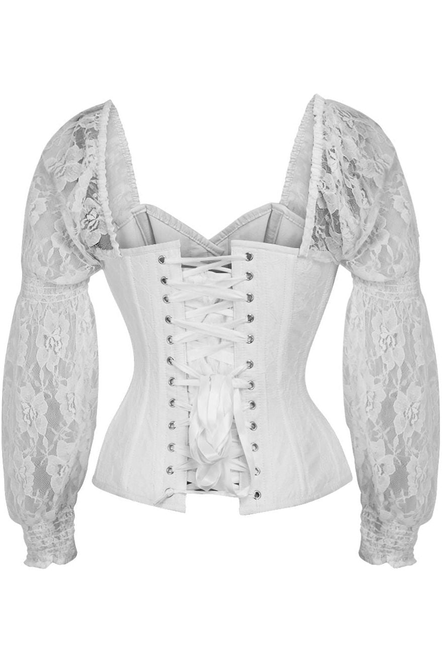 Daisy Corsets Top Drawer White w/White Lace Steel Boned Long Sleeve Corset