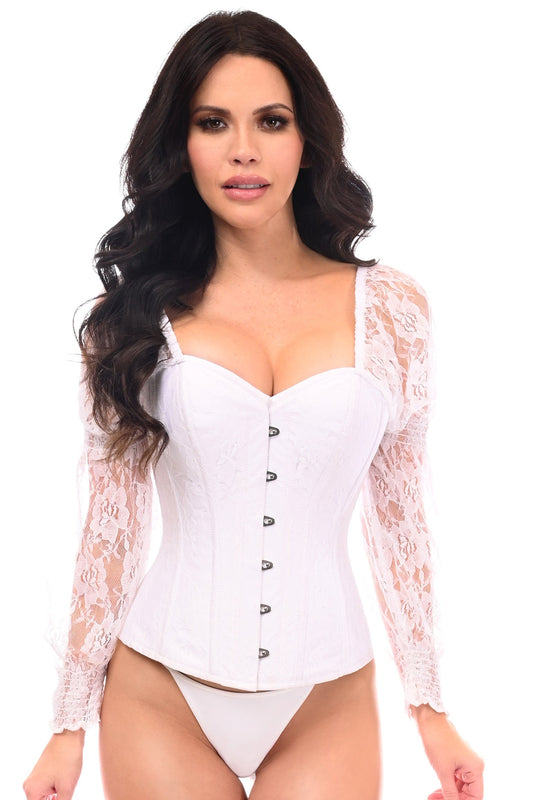 Daisy Corsets Top Drawer White w/White Lace Steel Boned Long Sleeve Corset