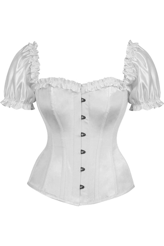 Daisy Corsets Top Drawer Steel Boned White Satin Overbust Corset w/Sleeves