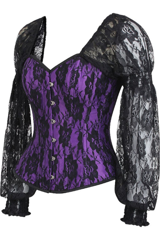 Daisy Corsets Top Drawer Purple w/Black Lace Steel Boned Long Sleeve Corset