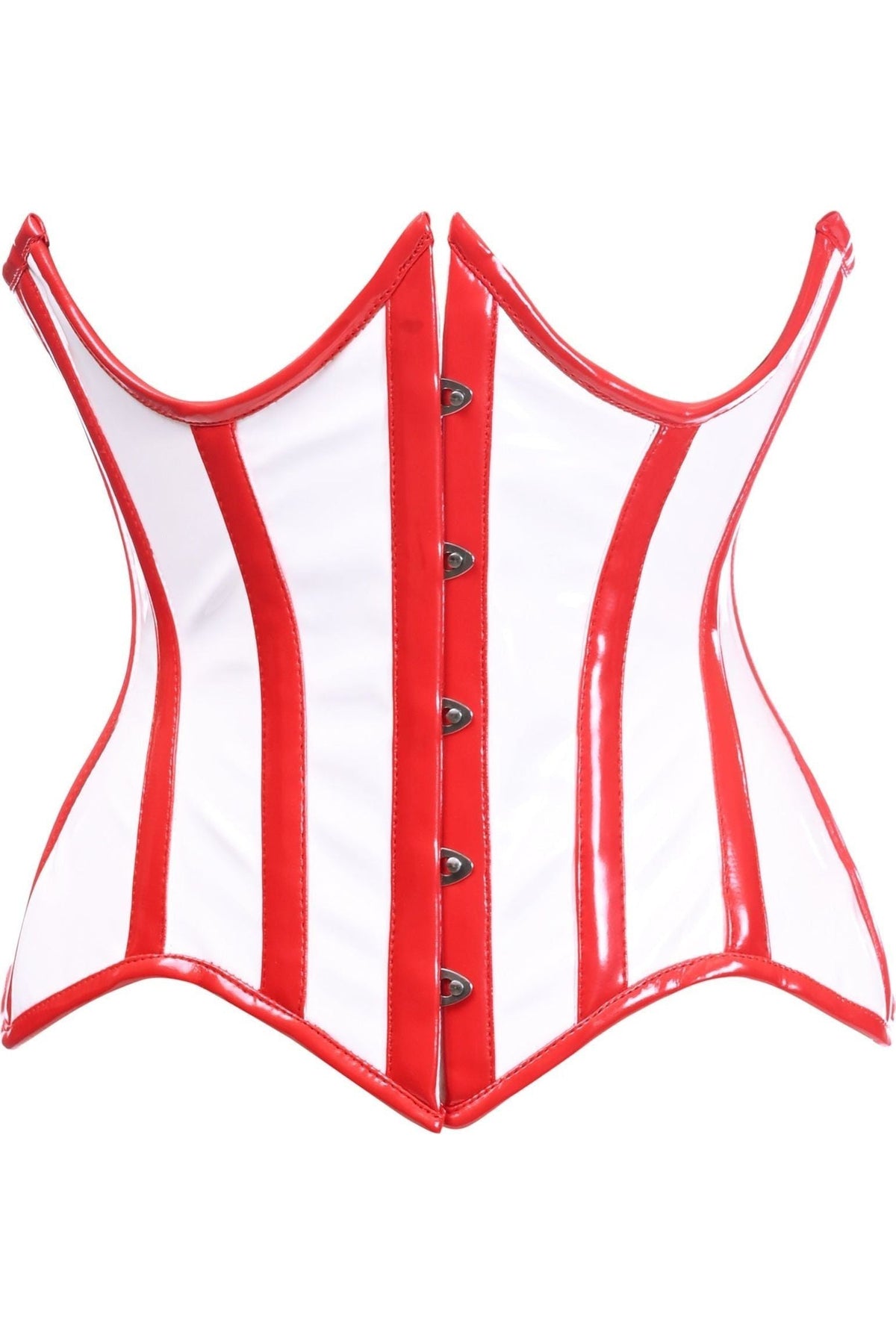 Daisy Corsets Top Drawer White/Red Vinyl Patent PVC Underwire Curvy Cut Cincher Corset