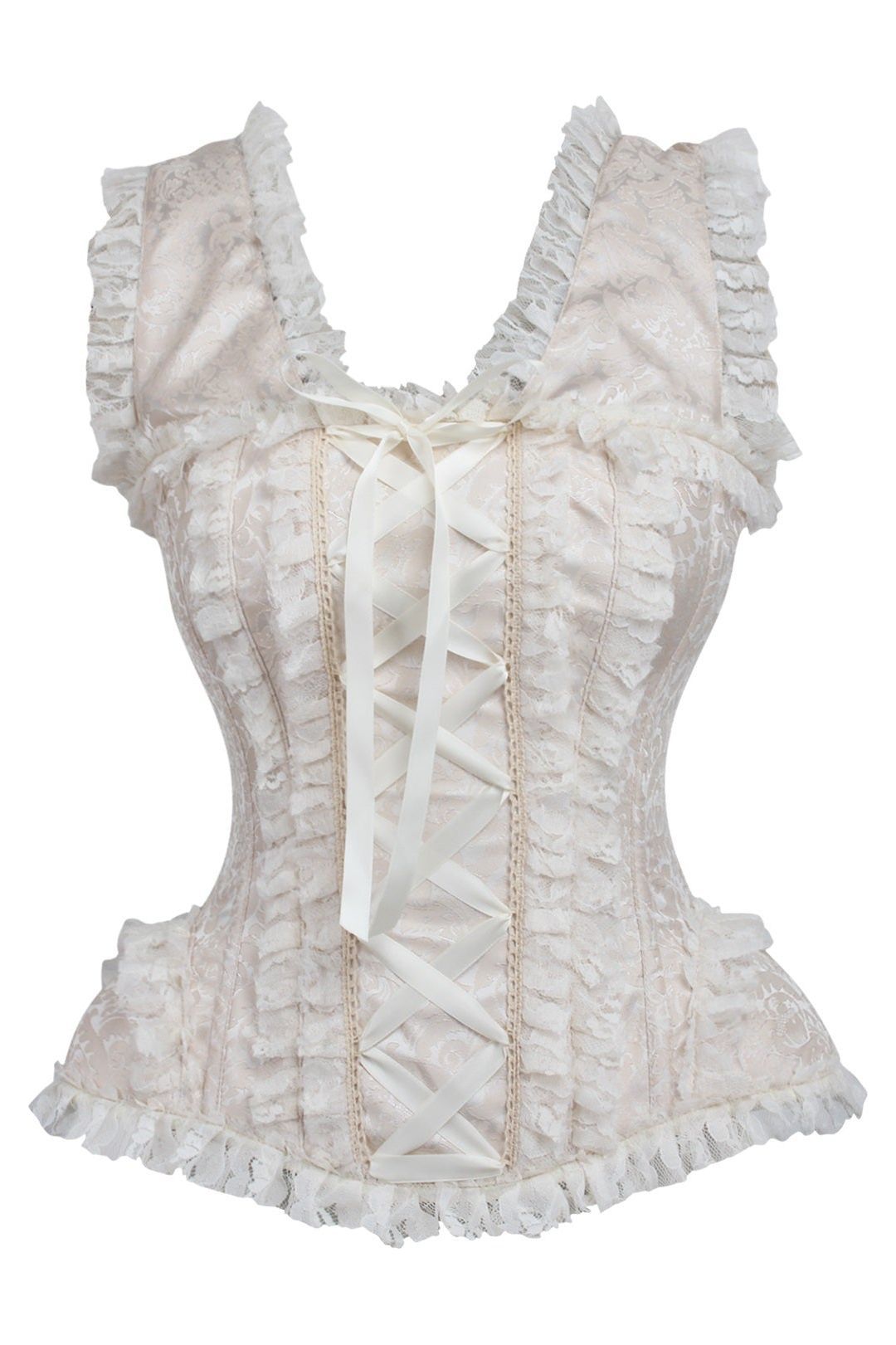 Daisy Corsets Top Drawer Ivory Brocade & Lace Steel Boned Corset w/Cap Sleeves