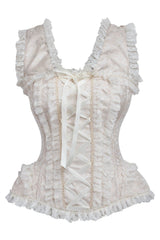 Daisy Corsets Top Drawer Ivory Brocade & Lace Steel Boned Corset w/Cap Sleeves