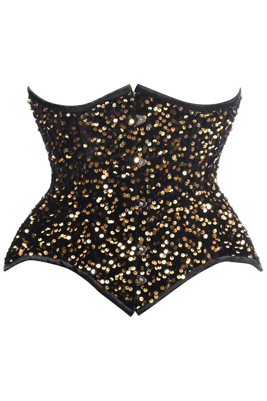 Daisy Corsets Top Drawer Black/Gold Sequin Steel Boned Underbust Cincher Corset - Daisy Corsets