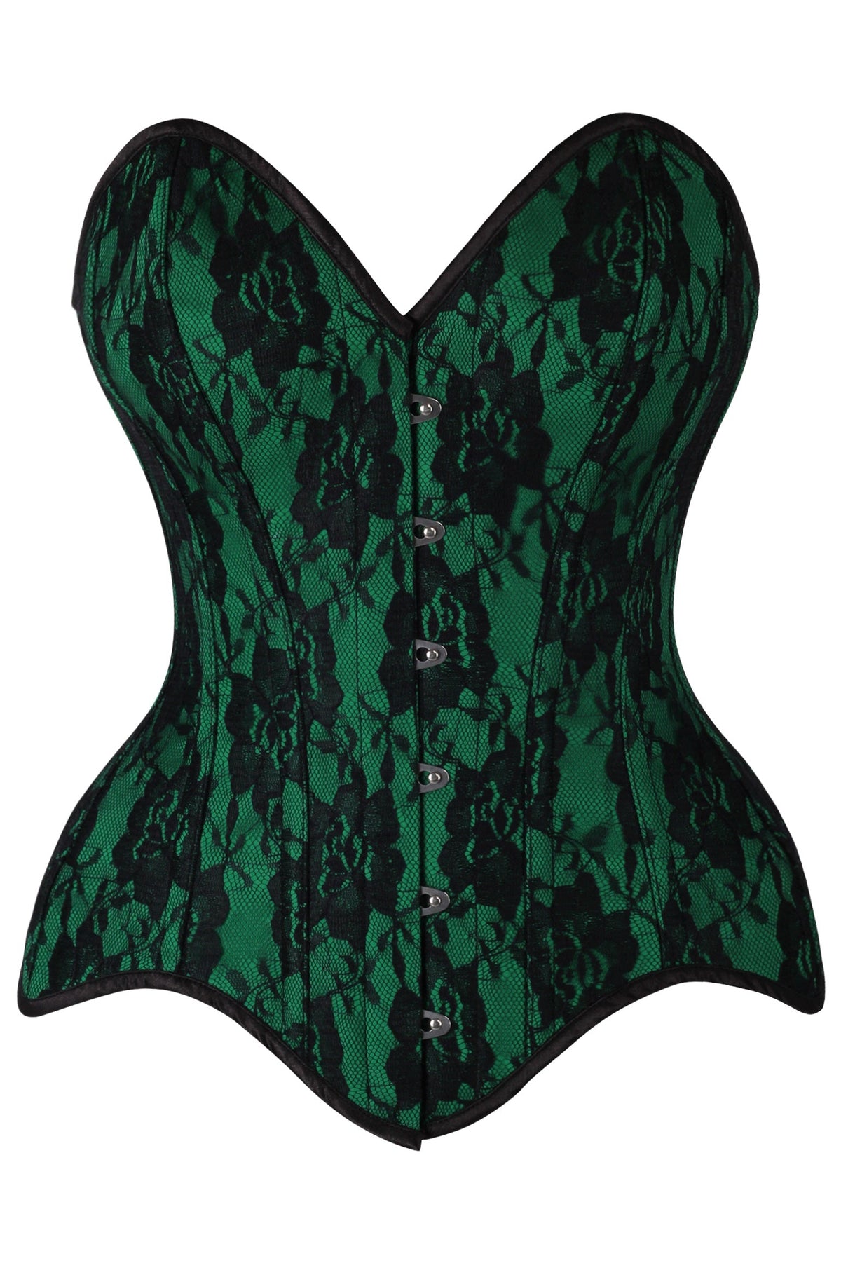 Daisy Corsets Top Drawer Green Satin w/Black Lace Overlay Steel Boned Overbust Corset