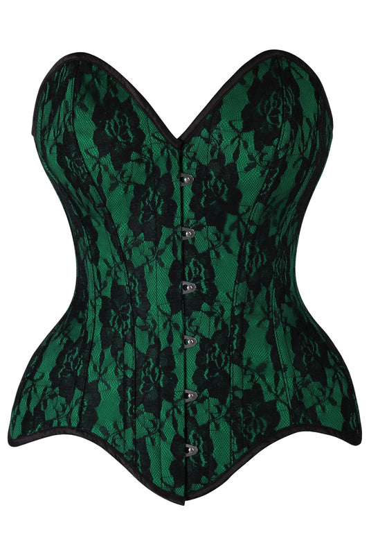 Daisy Corsets Top Drawer Green Satin w/Black Lace Overlay Steel Boned Overbust Corset - Daisy Corsets