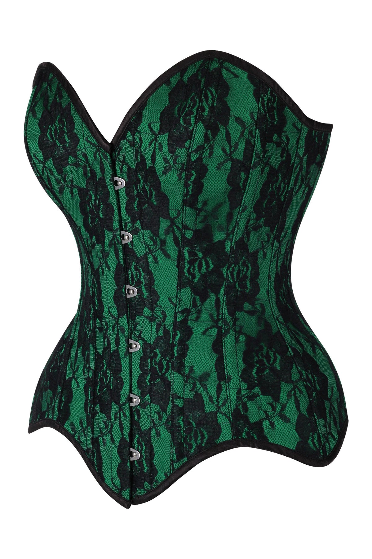 Daisy Corsets Top Drawer Green Satin w/Black Lace Overlay Steel Boned Overbust Corset