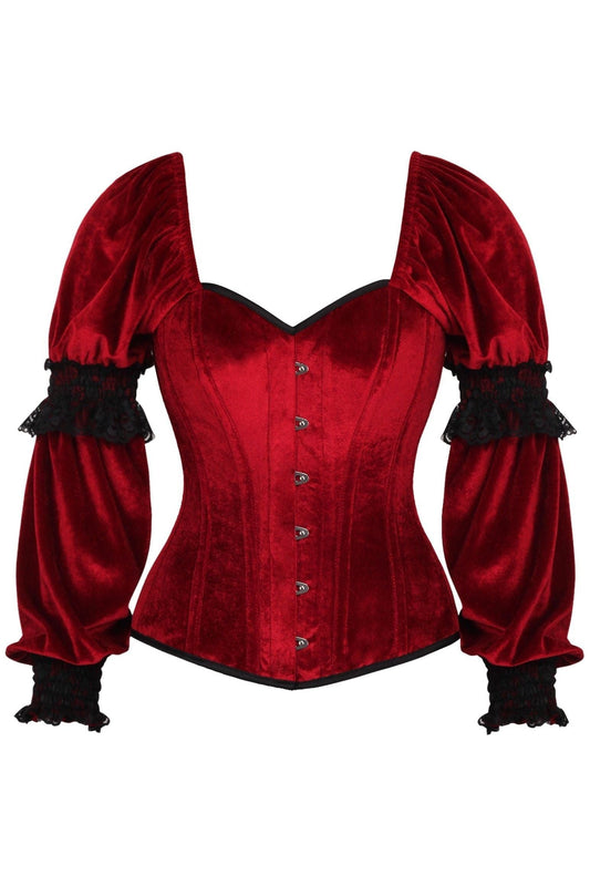 Daisy Corsets Top Drawer Dark Red Velvet Steel Boned Long Sleeve Corset - Daisy Corsets