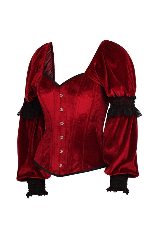 Daisy Corsets Top Drawer Dark Red Velvet Steel Boned Long Sleeve Corset