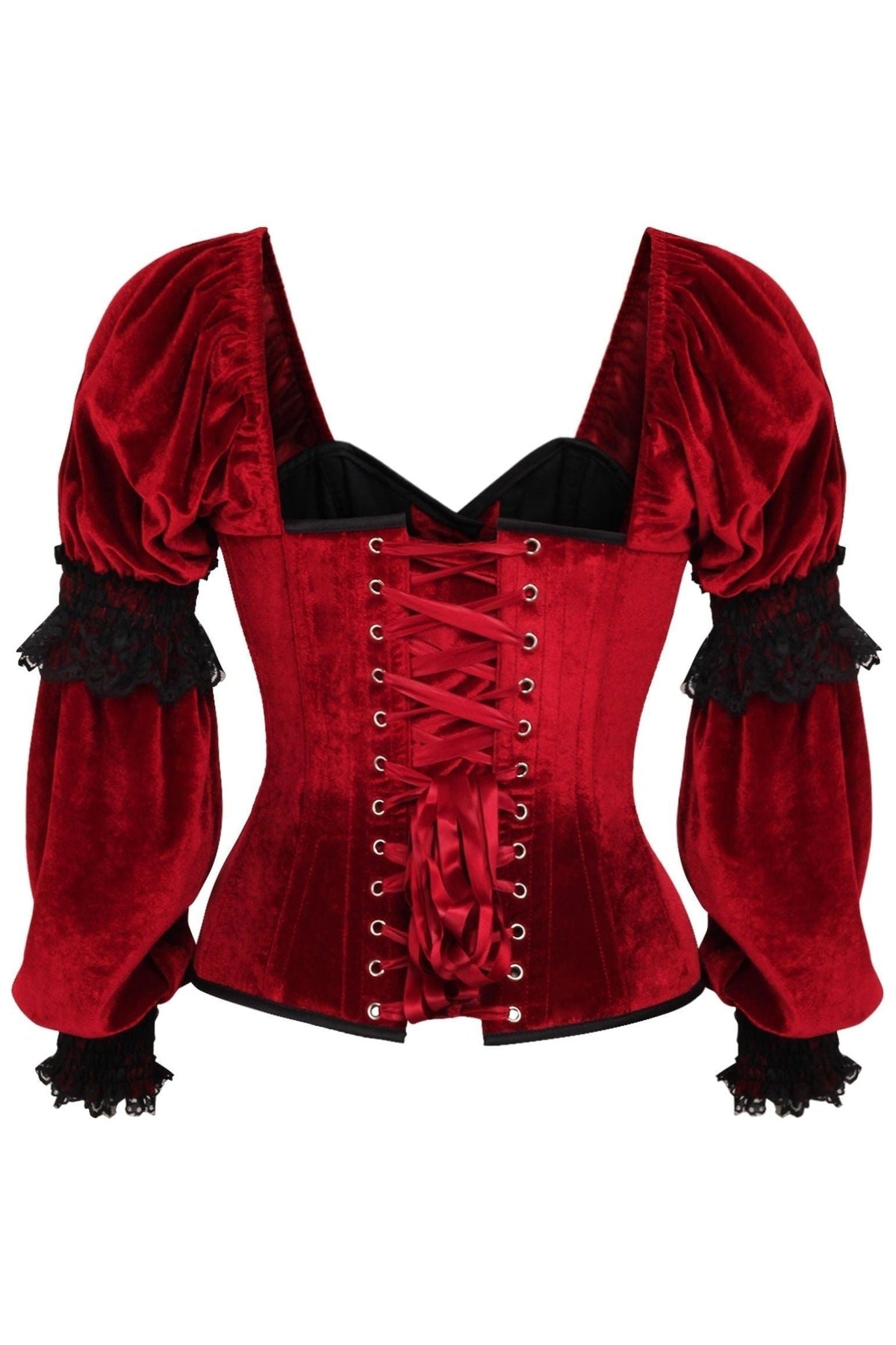 Daisy Corsets Top Drawer Dark Red Velvet Steel Boned Long Sleeve Corset