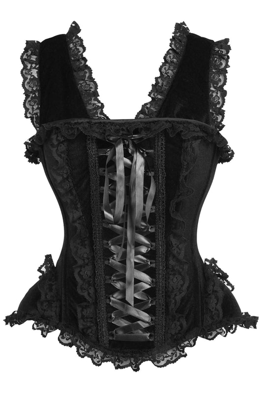 Daisy Corsets Top Drawer Black Velvet & Lace Steel Boned Corset w/Cap Sleeves - Daisy Corsets