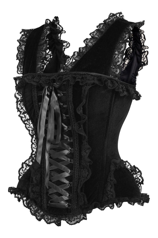 Daisy Corsets Top Drawer Black Velvet & Lace Steel Boned Corset w/Cap Sleeves - Daisy Corsets