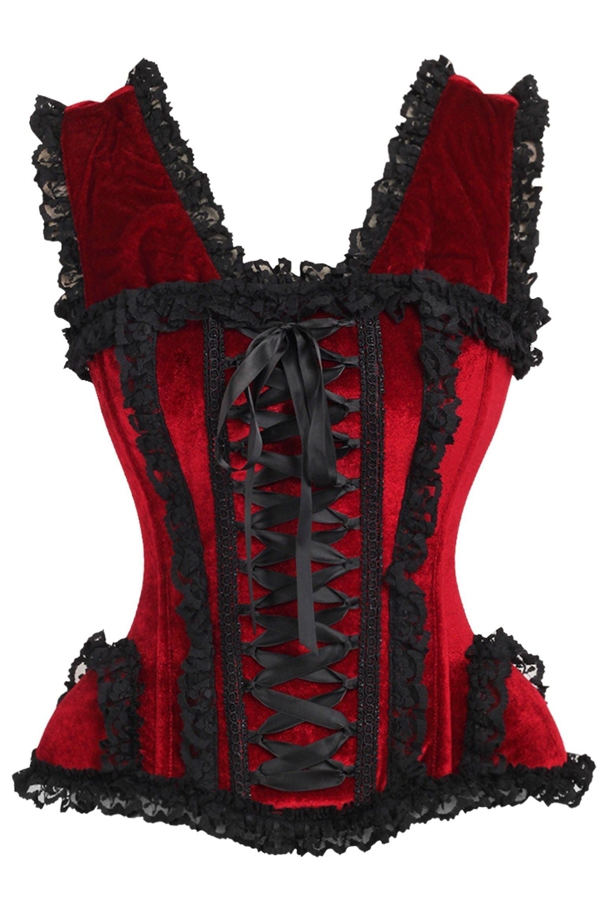 Daisy Corsets Top Drawer Dark Red Velvet & Lace Steel Boned Corset w/Cap Sleeves