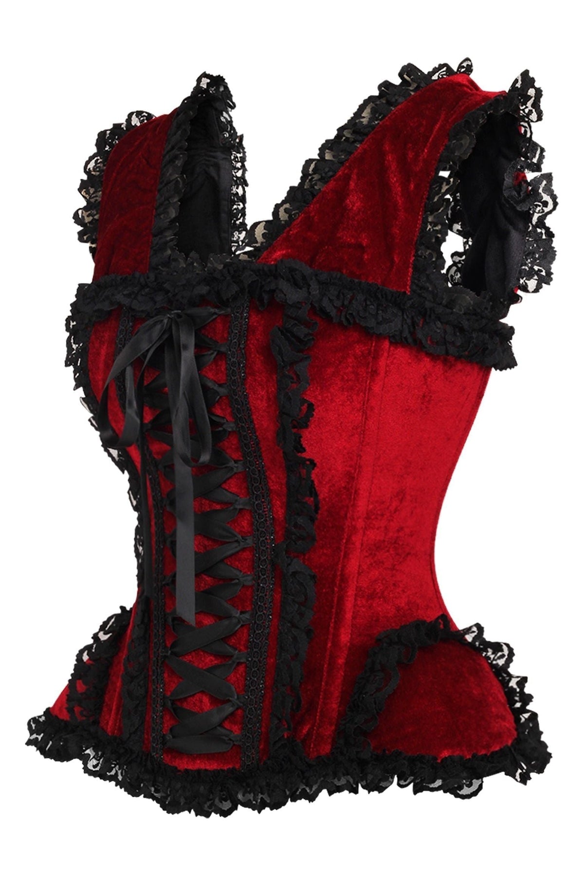 Daisy Corsets Top Drawer Dark Red Velvet & Lace Steel Boned Corset w/Cap Sleeves