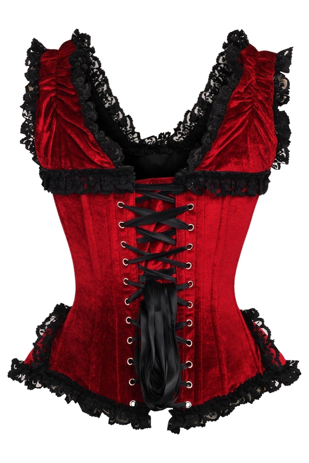 Daisy Corsets Top Drawer Dark Red Velvet & Lace Steel Boned Corset w/Cap Sleeves