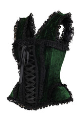 Daisy Corsets Top Drawer Dark Green Velvet & Lace Steel Boned Corset w/Cap Sleeves