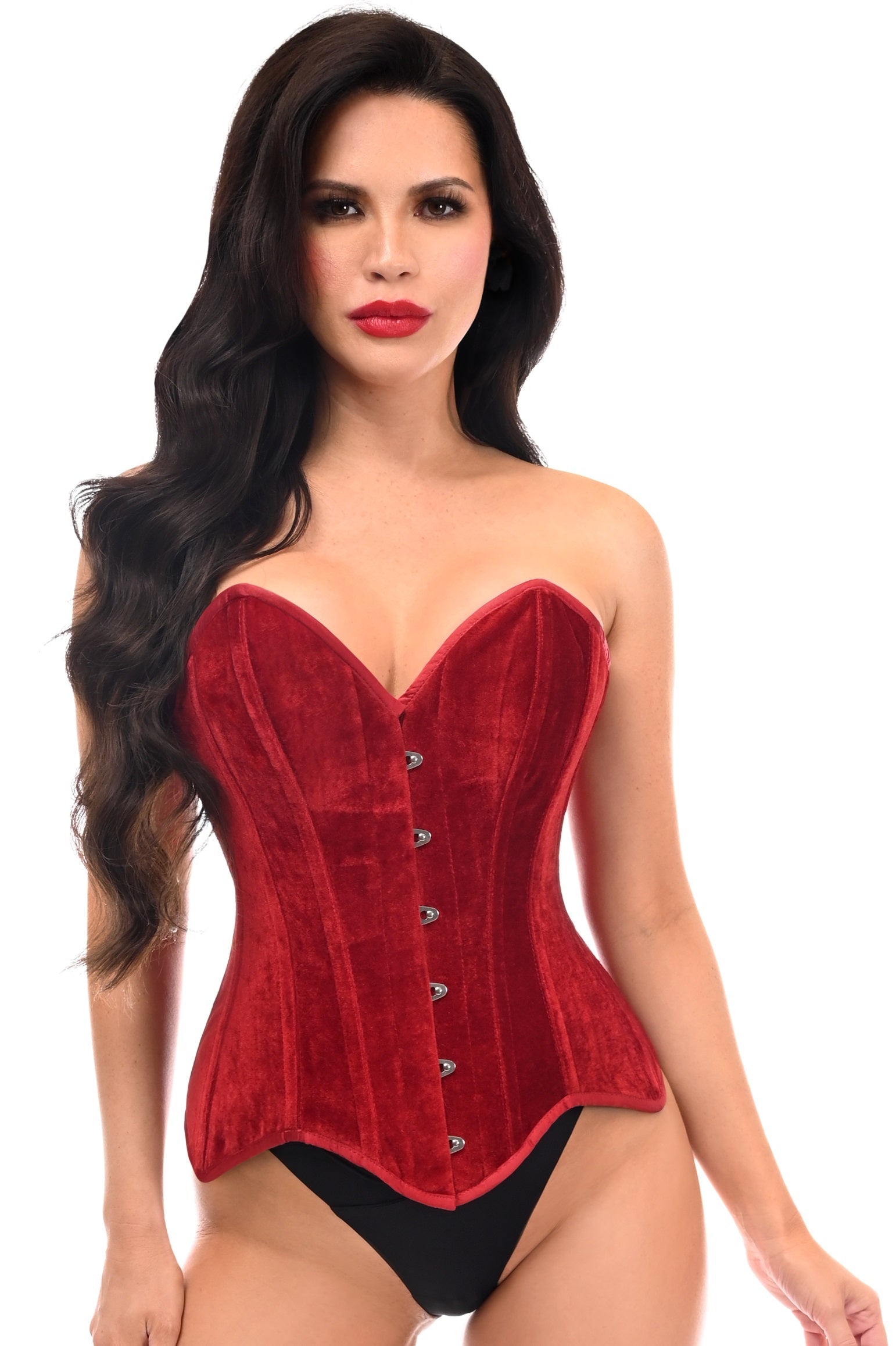 Daisy Corsets Top Drawer Dark Red Velvet Steel Boned Overbust Corset