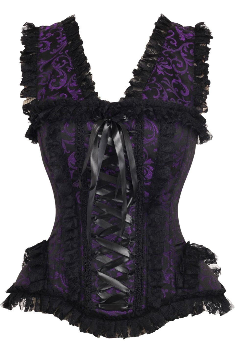 Daisy Corsets Top Drawer Purple/Black Swirl Brocade & Lace Steel Boned Corset w/Cap Sleeves